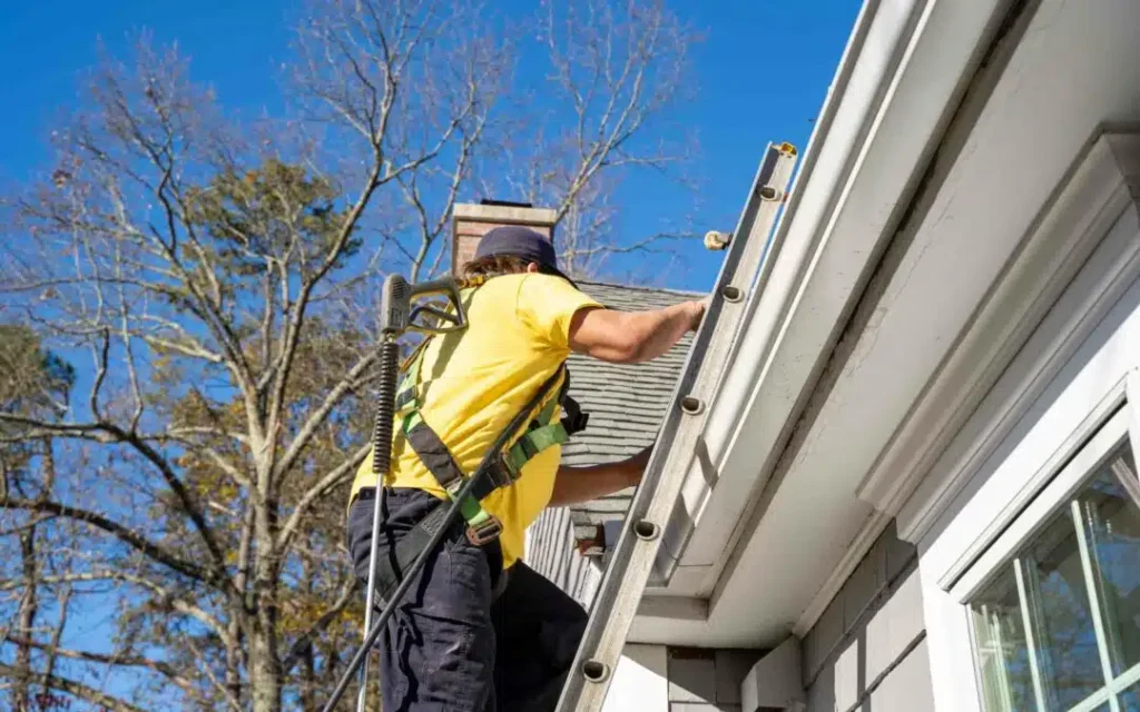 Technician inspecting gutters from a ladder.